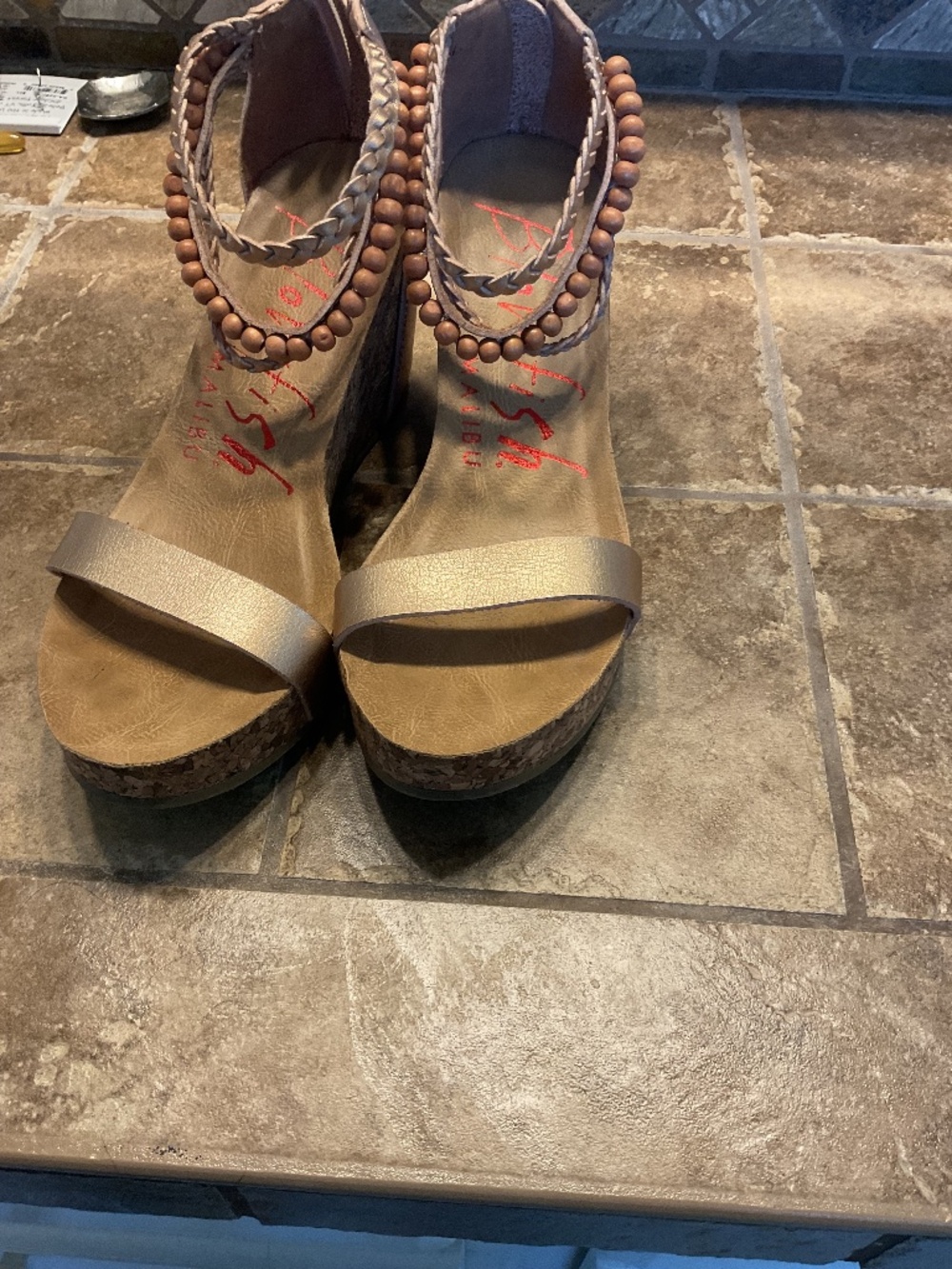 Rose gold wedge sandals with beaded ankle